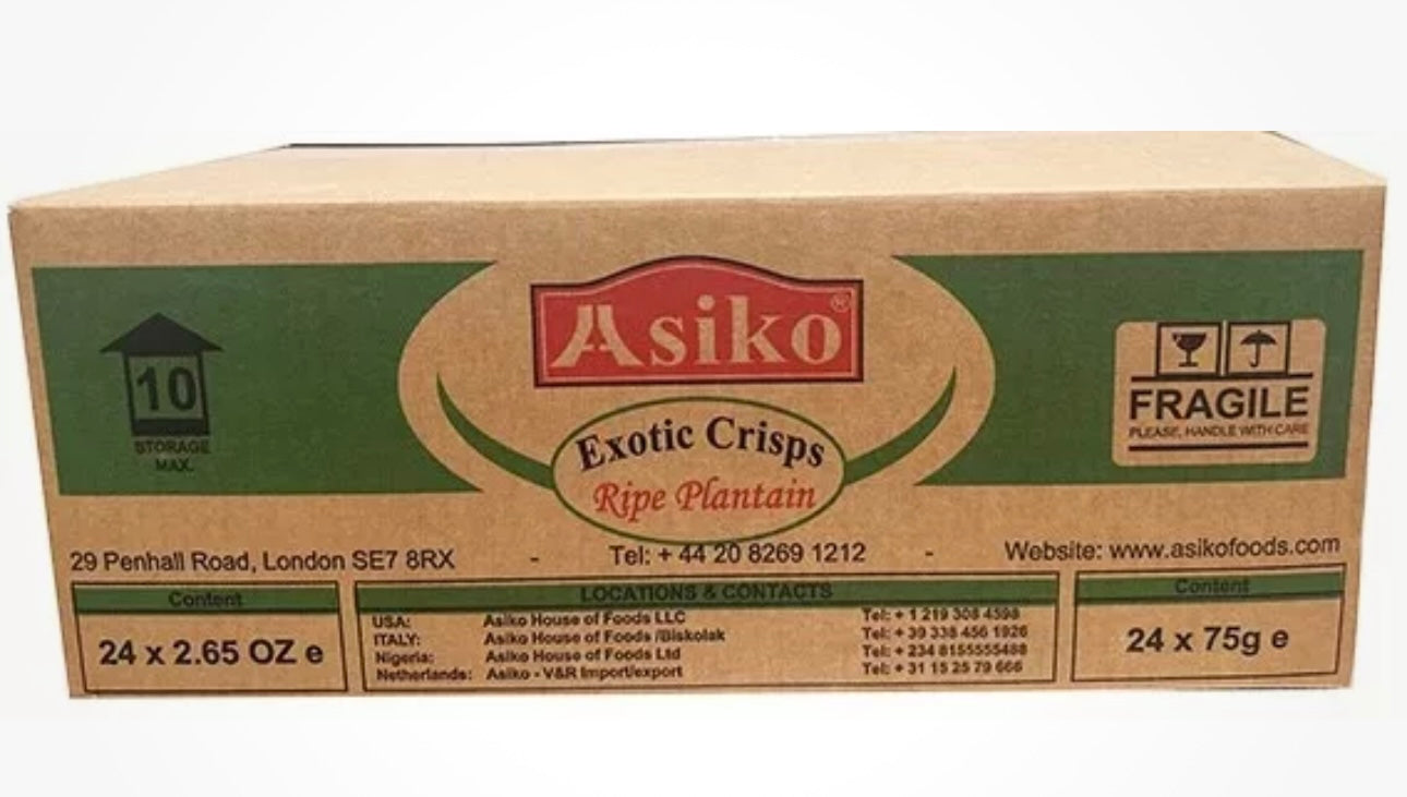 Asiko Exotic Unsalted Sweet Plantain Chips Box 75gx24